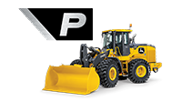 Side view of a 644 P-Tier Wheel Loader on a white background with the P icon from the machine shown large above it