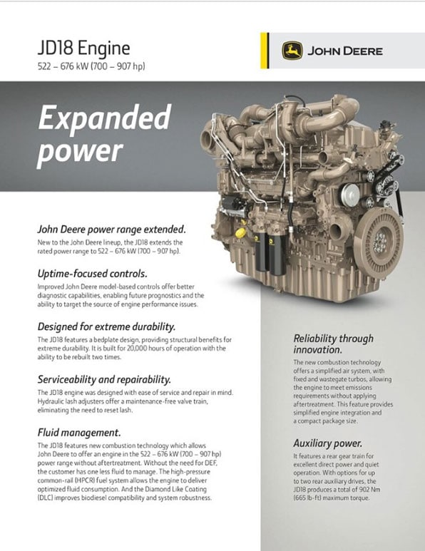 Brochure cover preview with an image of a JD18 Engine