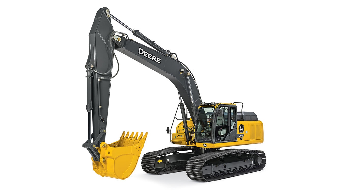 A 300P-Tier excavator on a white background.
