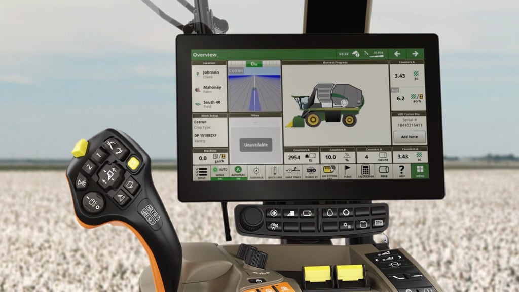 G5Plus CommandCenter™ display inside cab of a cotton harvester.