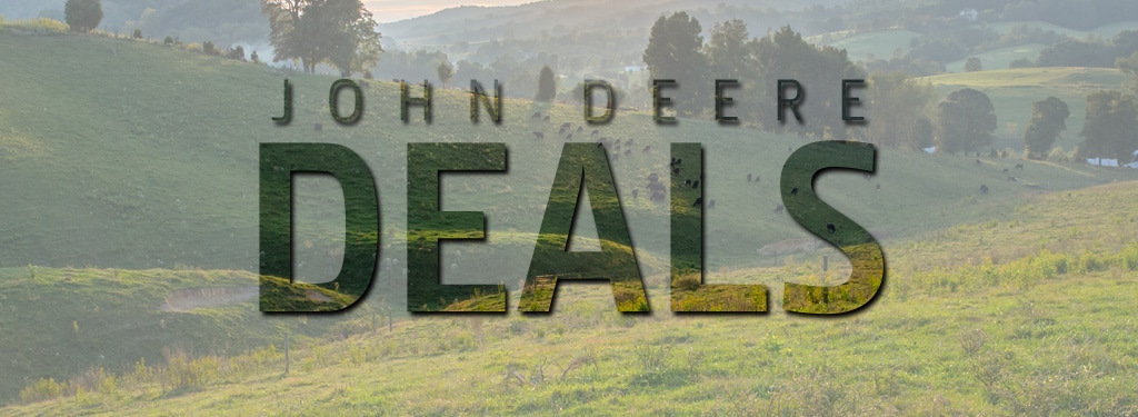 The words "John Deere Deals" on a background image of a pasture